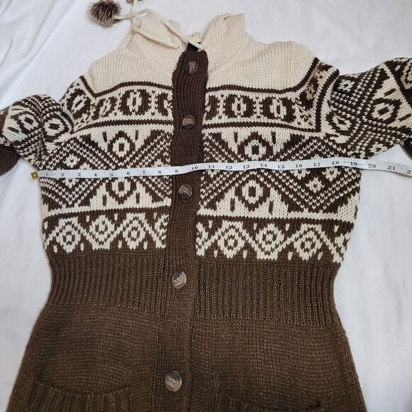 CHANEL IMAN x H&M brown fair isle nordic button up hooded cardigan sweater S - Picture 11 of 12